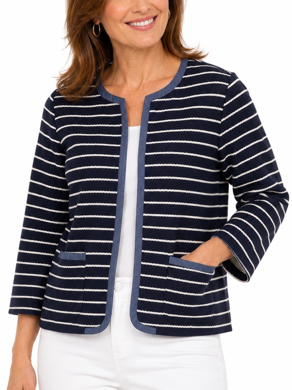 Talbots Navy Stripe Blazer Cotton Chambray Trim Nautical Coastal Preppy Sz 12